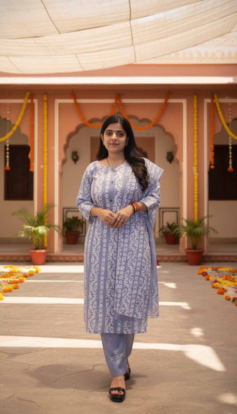 Neysa Powder Blue Printed Cotton Suit